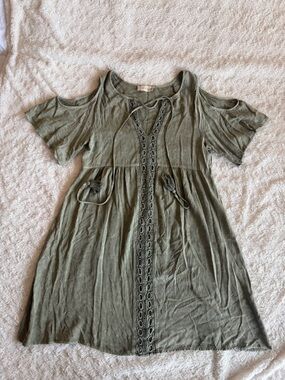 Altar'd State Olive Cold-Shoulder Midi Dress with Lace Trim